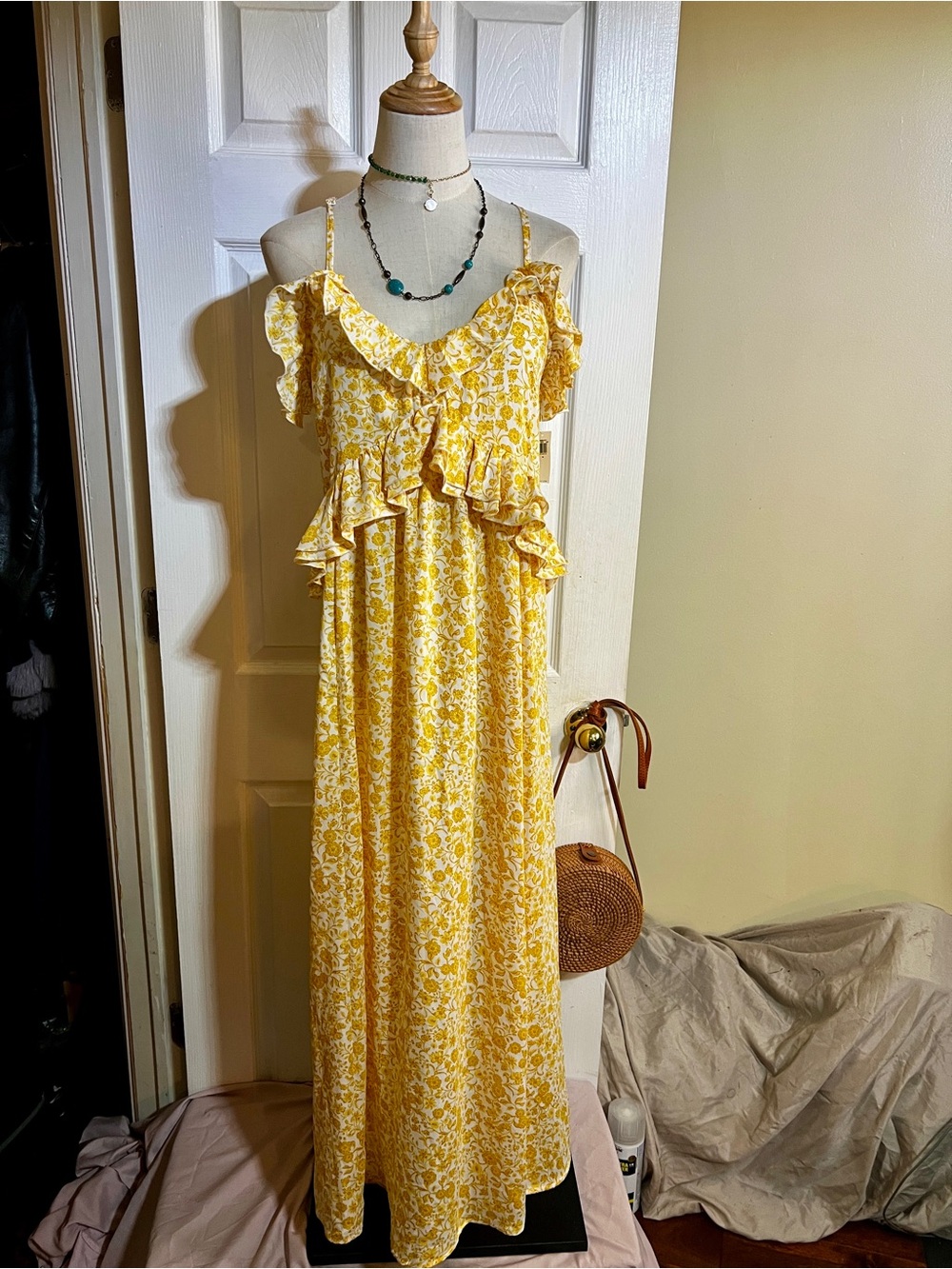 New Old Navy Wms Golden Aura Buttercup Floral Ruffle Babydoll Maxi Slip Dress M